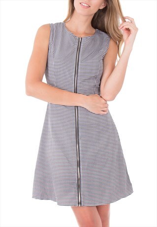 CREW NECK SLEEVELESS FRONT ZIP MINI SHIFT DRESS