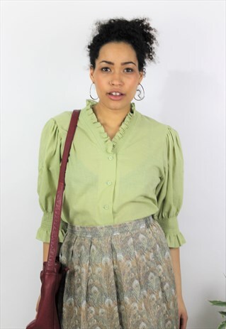 VINTAGE 1970S LIME GREEN RUFFLED CROPPED SLEEVE BLOUSE