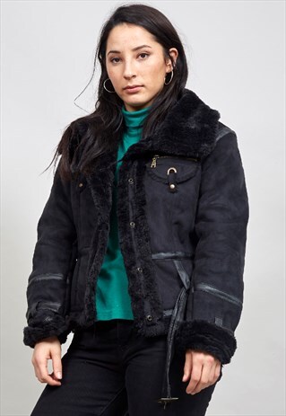 VINTAGE 90'S BLACK FAUX LEATHER AVIATOR JACKET