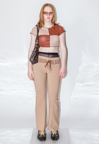 VINTAGE Y2K SEXY TIE BELT STRAIGHT FIT TROUSERS IN TAN