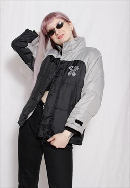 90s vintage y2k sports goth grey black dragon puffer jacket