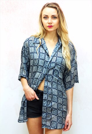 1990S VINTAGE BLUE SQUARE AND PAISLEY SILK OVERSIZED SHIRT