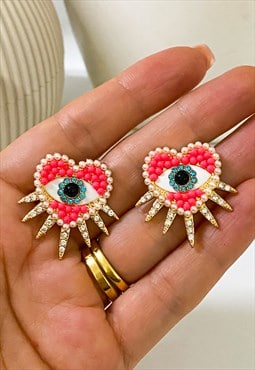 Pink Jewel Encrusted Spiked Eye Heart Stud Earrings