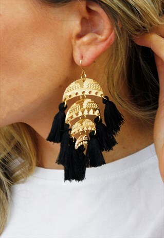 GOLD BLACK TASSEL FRINGE CHANDELIER EARRINGS