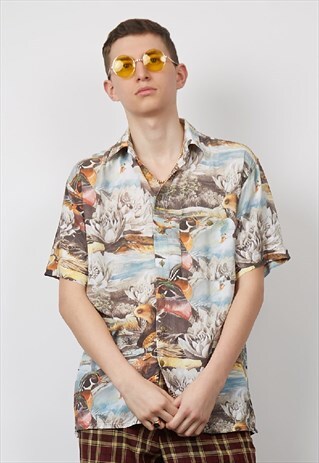 VINTAGE 80'S POND PRINT SILK SHIRT