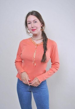 Vintage minimalist cute orange blouse with tie collar 