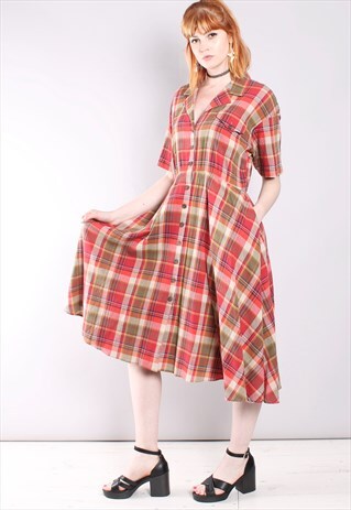 VINTAGE 90S CHECK TEXTURED BUTTON MIDI DRESS