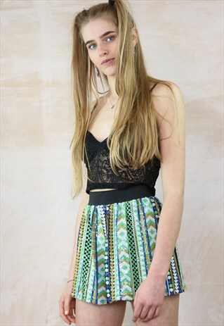 GREEN AZTEC BLING SEQUIN SHORTS