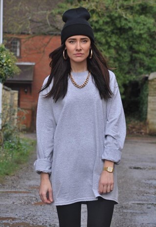 RETRO NEW PLAIN GREY OVERSIZED CREW NECK LONG SLEEVE TSHIRT