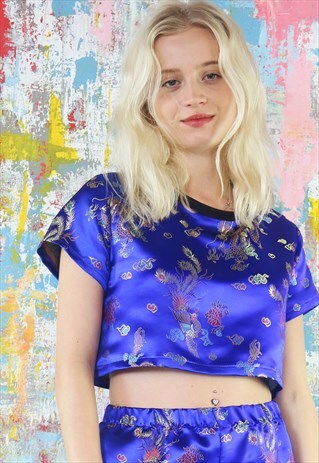 CROPPED BOX TOP IN BLUE SATIN WITH CHINESE DRAGONS