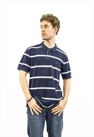 TOMMY HILFIGER VINTAGE 1990S NAVY BLUE POLO STRIPED SHIRT