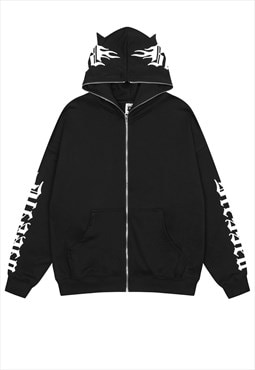 Devil horn hoodie racer slogan pullover flame top in black