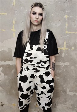 Cow print dungarees animal print short overalls in white