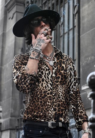 MENS BLACK LEOPARD PRINT 70S STYLE SHIRT