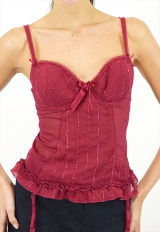 VINTAGE Y2K BUSTIER CORSET TOP IN PURPLE MESH EMBROIDERY