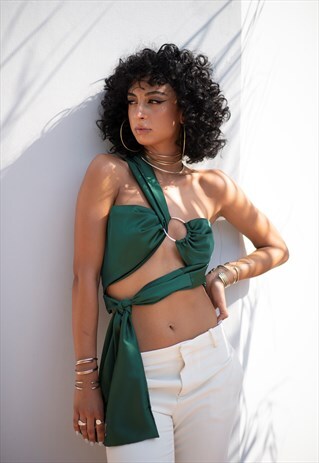 WRAP CROP TOP IN GREEN SATIN COMBINED WITH A SILVER HOOP