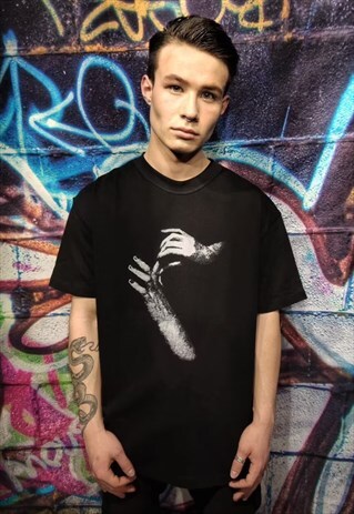 CREEPY HAND PRINT TEE RETRO CARTOON GRAFFITI T-SHIRT BLACK