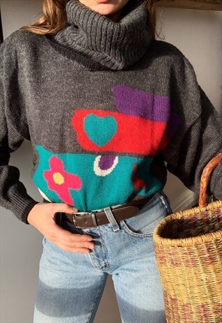 VINTAGE 80S ROLL NECK FLORAL GRAPCHIC KNIT JUMPER SWEATER