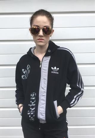 WOMENS VINTAGE ADIDAS BLACK ZIP UP HOODY ZIPPER SWEATSHIRT