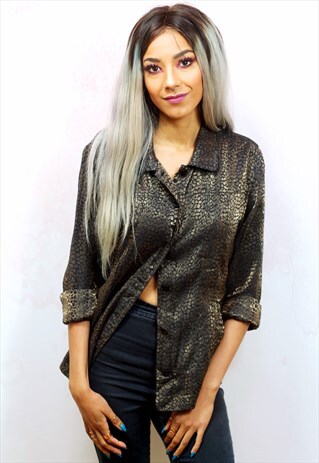 1990S VINTAGE GOLD LEOPARD PRINT METALLIC SILKY BLOUSE