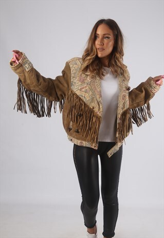 VINTAGE SUEDE LEATHER TASSEL FRINGE JACKET 80'S 10 - 12 (G2R