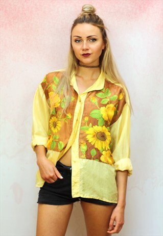 1980S VINTAGE PURE SILK YELLOW SUNFLOWER PRINT SHIRT
