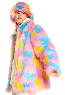 Festival faux fur rainbow rave bomber burning man jacket