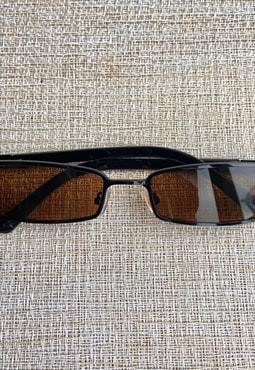 Unisex Brown Tinted Slim Metal Frame Rectangle Sunglasses