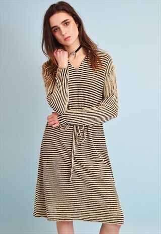 70'S RETRO STRIPED ELEGANT MOD TIE UP MIDI DRESS