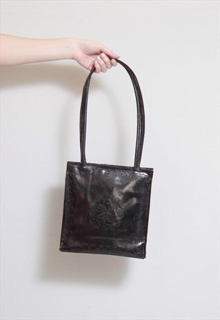 VINTAGE 1970'S BLACK LEATHER EMBROIDERED HAND BAG