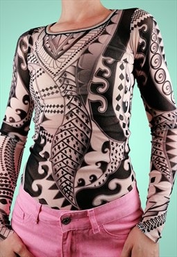 MARC CAIN Y2K Designer Sheer Mesh Top Blouse Tattoo Print