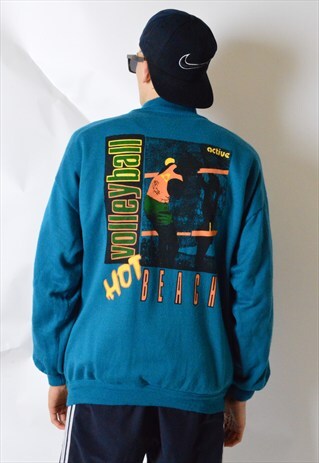 VINTAGE 80S BLUE BEACH VOLLEYBALL 1/4 ZIPPER SWEATSHIRT