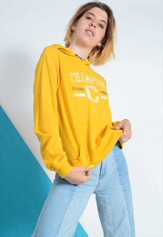 VINTAGE CHAMPION HOODIE IN YELLOW WITH LOGO