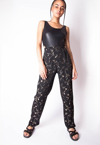 VINTAGE 90S BLACK & GOLD FLORAL TROUSERS ID:7642