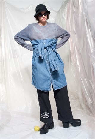 VINTAGE SHIRT DRESS 90S REWORKED TIE-DYE GRUNGE DENIM MIDI