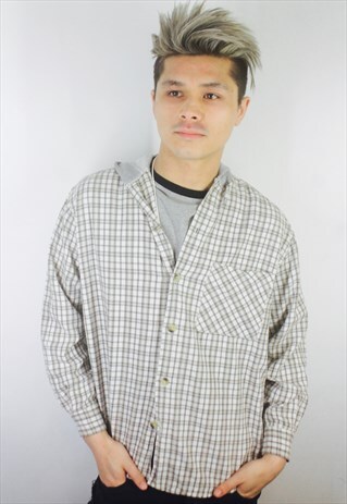 VINTAGE 90S CREAM CHECK FLANNEL SHIRT HOODED TOP