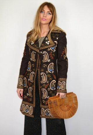 VINTAGE 90S LONGLINE EMBROIDERY BOHO BROWN WOOL COAT