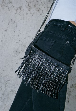 FAUX LEATHER FRINGED BAG - BLACK