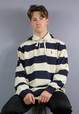 VINTAGE POLO RALPH LAUREN HOODIE IN NAVY BLUE AND CREAM STRI