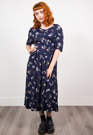 VINTAGE 90'S NAVY BLUE FLORAL PATTERN MIDI DRESS