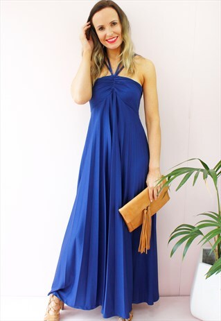 VINTAGE 80'S BLUE STRAPPY EMPIRE WAIST PLEATED MAXI DRESS