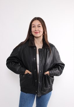 80s leather aviator jacket in black, vintage faux fur collar