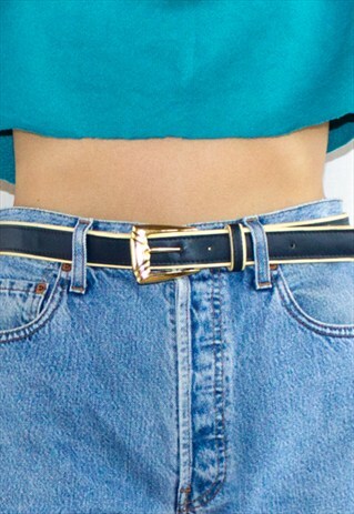 VINTAGE NAVY & GOLD BUCKLE FAUX LEATHER BELT