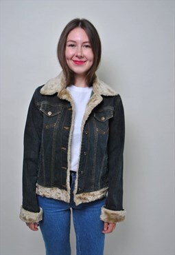 90's denim trucker jacket, vintage faux fur sherpa jeans 