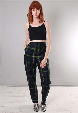 VINTAGE 90S TARTAN WOOL CHECK HIGH WAISTED TROUSERS