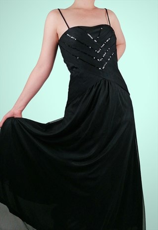 Vintage 90's Y2K Black Sequins Glam Tulle Maxi Dress