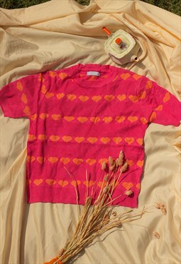 Pink Orange Short Sleeve Woven Pattern Detail Knit Top