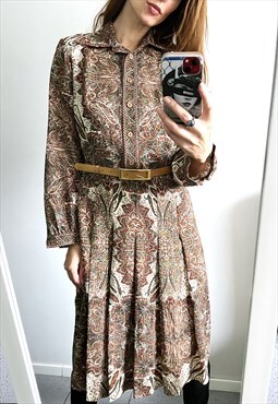 70s Brown Paisley Maxi Belted Long Sleeve Boho Dress L
