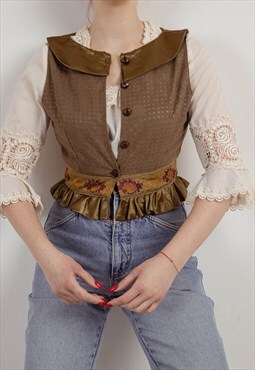 Vintage 70s Bavarian Brown Collared Ruffle Botton Vest XS