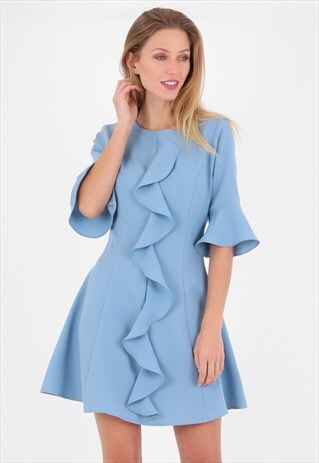 3/4 BELL SLEEVES FRILL DRESS IN BLUE